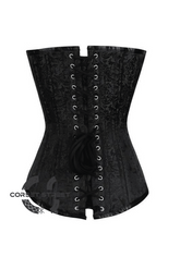 Black Brocade Spiral Steel Boned Corset Goth Burlesque Costume Waist Training LONGLINE Overbust Bustier Top